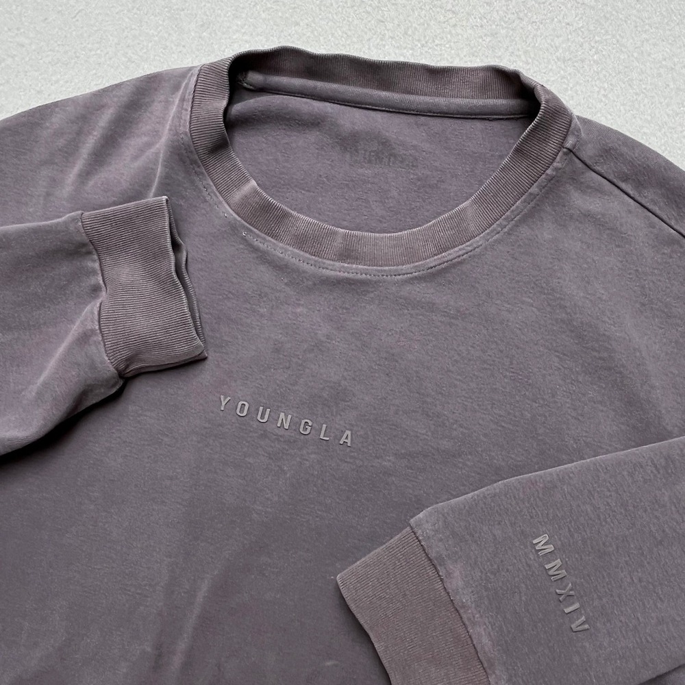 YoungLA Mens Long Sleeve T-Shirt Faded Purple Mauve MMXIV Logo Relaxed Fit L